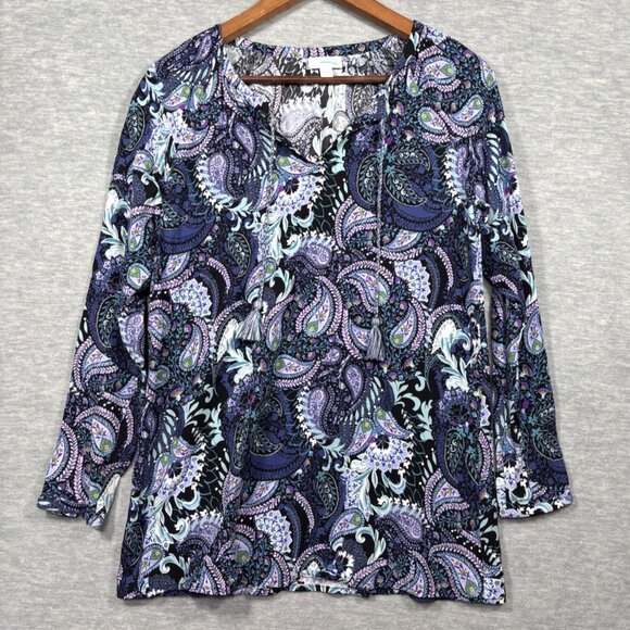J Jill Womens Top XS Paisley Print Rayon Long Sleeve Boho Tassels - Picture 1 of 5